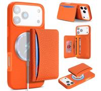 SailorTech Case for iPhone 17 Pro Max Genuine Leather Case with Card Slot Support Magsafe Charging, Detachable Magnetic Wallet Case with Card Holder, Flip Folio Cover for iPhone 17 Pro Max - Orange