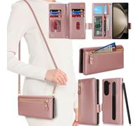 SailorTech Case for Samsung Galaxy Z Fold5 Phone Case with S Pen Slot for Women, Galaxy Z Fold 5 Wallet Case Crossbody with Credit Card Slots Flip Case Zipper Shockproof Case for Men-Rose Gold