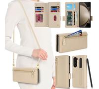 SailorTech Case for Samsung Galaxy Z Fold5 Phone Case with S Pen Slot for Women, Galaxy Z Fold 5 Wallet Case Crossbody with Credit Card Slots Flip Case Zipper Shockproof Case for Men-Apricot