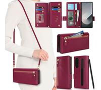 SailorTech Case for Samsung Galaxy Z Fold6 Phone Case with S Pen Slot for Women, Galaxy Z Fold 6 Wallet Case Crossbody with Credit Card Slots Flip Case Zipper Shockproof Case for Men-Red