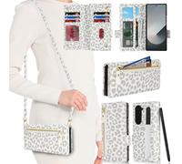 SailorTech Case for Samsung Galaxy Z Fold6 Phone Case with S Pen Slot for Women, Galaxy Z Fold 6 Wallet Case Crossbody with Credit Card Slots Flip Case Zipper Shockproof Case for Men-White Leopard