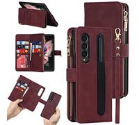SailorTech Galaxy Z Fold 3 Case, 2 in 1 Wallet Case with Original S Pen Holder 9 Card Holder 2 Cash Slot 1 Zipper Coin Wallet Lanyard Flip Leather Cover Wine Red