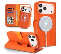 SailorTech Phone Case for iPhone 17 Pro Genuine Leather Case with Card Slots Support Magsafe Charging, Detachable 2 in 1 Wallet Case with Card Holder, Flip Folio Cover Purse for iPhone 17 Pro-Orange