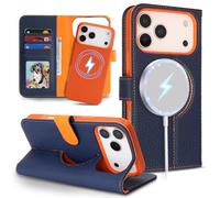 SailorTech Phone Case for iPhone 17 Pro Max Genuine Leather Case Support Magsafe Charging, Detachable 2 in 1 Wallet Case with Card Holder, Flip Folio Cover Purse for iPhone 17 Pro Max-Blue and Orange