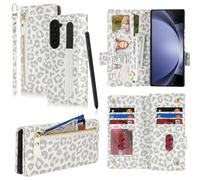 SailorTech Phone Case for Samsung Galaxy Z Fold5 Cover with S Pen Slot for Women, Samsung Galaxy Z Fold 5 Wallet Case with Card Holder Flip Case Zipper Shockproof Case for Men-White Leopard