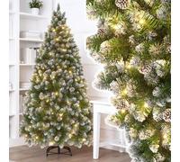 SAILUN Artificial Christmas Tree, PVC Pine Tree with LED Lights, Snow Pine Cones, Dense Bushy Branches, Green Xmas Trees With Metal Stand, Christmas Tree for Home Party, 210 cm