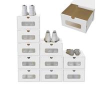 SAILUN Stackable Shoe Storage Boxes, 10 pcs Foldable Kraft Cardboard Shoe Boxes with Lid & Clear Window, Space Saving Shoe Organiser for Trainers, Boots & Heels (White)