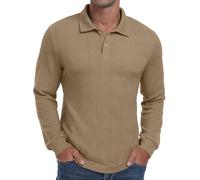 Sailwind Polo Shirts for Men Long Sleeve Tops Texture Knitted Polo Golf Work T Shirt with Buttons (Khaki, S)