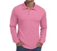 Sailwind Polo Shirts for Men Long Sleeve Tops Texture Knitted Polo Golf Work T Shirt with Buttons (Pink, M)