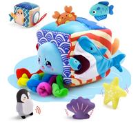 SAIMAND Ocean Animal Surprise Tissue Box - Baby Toys 6-12 Months | Montessori Sensory Toy with 5 Plush Sea Animals, Rattle, Crinkle & Mirror, Fine Motor Skills Toy for Babies 1-3, Baby Gift