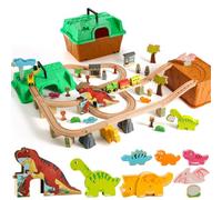 SainSmart Jr. Wooden Train Set with Storage Box, Dinosaur, Wooden Train, Track Set, Compatible with Major Brands, Expandable Train Toy, For Ages 3-7, Girls, Boys, Birthday
