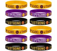 Sainstone 12-Pack Basketball Inspirational Bible Verse Silicone Bracelets with Christian Sayings MATTHEW 19:26, PHILIPPIANS 4:13, EPHESIANS 6:10, Wholesale Sports Party Favors Gifts for Lakers, One