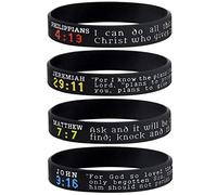 Sainstone Bible Wristbands, Religious Gift Pack - Philippians 4:13, Jeremiah 29:11, John 3:16, and Matthew 7:7 - Set of 4 Scripture Bracelets - Adult Size for Men Women, 8 Inches, Silicone, Agate
