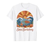 Saint Barthelemy, Retro Sunset Ocean Waves and Sea Turtle T-Shirt