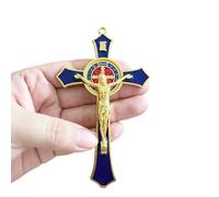 Saint Benedict Benedictine Red Enamel 4.7X2.7 Inch Protection Wall Crucifix Cross Catholic San Benito Medalla Prayer Decoration (Blue)