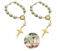 Saint Benedict Car Rosary 2 Pieces Rearview Mirror Auto Rosary Hanging Personalized Car Cross Blessing Catholic Car Medal for Truck Bike Motorcycle Car Mirror Hanging Accessories Decors Gold