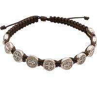 Saint Benedict Medal | Brown Woven Bracelet with Silver-Tone Beads | Patron Saint of Students and Europe | Great Catholic Gift for Confirmation and Graduation, no gemstone