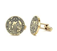 Saint Benedict Medal Cufflinks Medalla De San Benito Cufflinks Stainless Steel Catholic Rosary Exorcism Christian Protection Jewelry Gifts for Men (Gold)