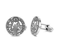Saint Benedict Medal Cufflinks Medalla De San Benito Cufflinks Stainless Steel Catholic Rosary Exorcism Christian Protection Jewelry Gifts for Men (Silver)