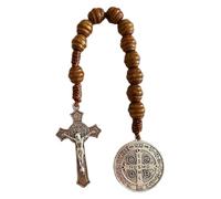 Saint Benedict Medal Prayer Pocket Rosary Catholic Brown Wood Beads with Medalla de san benitol and Crucifix, 9 Inch(Silver)