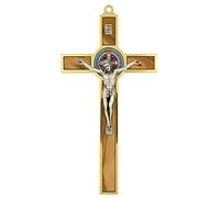Saint Benedict Medal Wall Crucifix | Patron Saint of Students and Europe | Catholic Home Décor | Great Gift for Baptism, First Holy Communion, and Confirmation, 7.8L" x 4W", Metal Wood