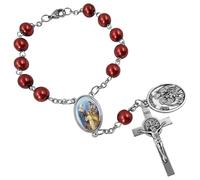 Saint Benedict One Decade Rosary for Car Rearview Mirror Holy Family Medal 8mm Glass Prayer Beads Catholic Evil Protection Auto Rosary Bracelet for Women Men (Red Rosary Beads)