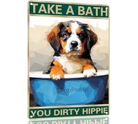 Saint-Bernard 8x12 Inch Aluminum Sign for Dog Lovers Take A Bath You Dirty Hippie-Vintage Retro Dog Metal Wall Art,Dog Hippie Metal Tin Sign for Home Toilet Bathroom