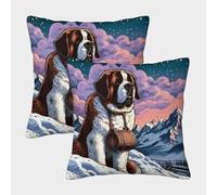 Saint Bernard Dog in Snowy Alpine Mountains 3D Printed Square Throw Pillow Case Cushion Cover for Bedroom Home Art Deco Modern Gift Anniversary Pack of 2 45x45cm