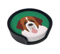 Saint Bernard Dog,Set of 6 Round Coasters, Pu Leather Drinks Coasters with Holder for Home Office Kitchen