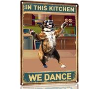 Saint-Bernard Vintage Tin Sign Dog in This Kitchen We Dance Metal Art Wall Plaque Decor Wall Panel Retro 8x12 Inch for Kitchen for men women Gift