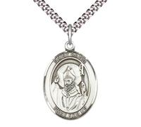 Saint David of Wales Men's Pewter Medal Necklace- Patron Saint of Doves & Wales - 24” Light Rhodium Plated Heavy Curb Chain - Velvet Gift Box