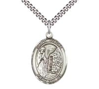 Saint Fiacre Medal Necklace - Men's Pewter Pendant with 24-Inch Light Rhodium Plated plated Chain - Patron Saint of Gardeners - Velvet Gift Box Included