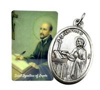 Saint Ignatius Loyola Medal Set Italian Silver Tone Pendant Prayer Card