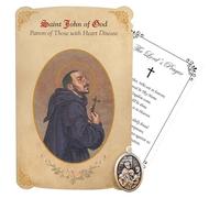 Saint John of God Pendant (1 inch) - Saint John of God Medal, St John Prayer Card, The Lord's Prayer Card - St. John of God Patron Saint of Heart Disease Catholic Themed Set of 2 Items