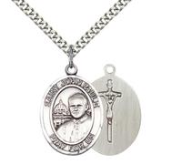 Saint John Paul II Medal Necklace- Men's Pewter Pendant on 24” Light Rhodium Plated plated Chain - Catholic Religious Jewelry - Velvet Gift Box Included