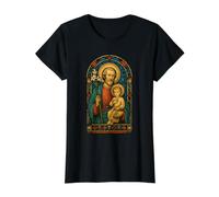 Saint Joseph and Jesus Stained Glass Value Graphic T-Shirt, Women, Black, M