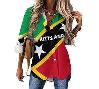 Saint Kitts And Nevis Flag Women's Blouses Shirts V Neck Long Sleeve Hawaiian Shirt Irregular Hem Loose Top L