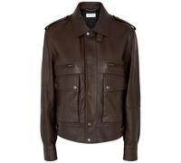 Saint Laurent - Women's Brown High-neck Leather Jacket - Size 12, Slouchy Relaxed Fit & Dropped Shoulders