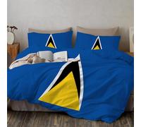 Saint Lucia Flag Double Duvet Set Navy Blue Reversible Easy Care Microfiber 3 Piece Bedding, Simple Triangle Geometric Design Quilt Cover And Pillow Cases, Soft Breathable Washable Quilt Cover