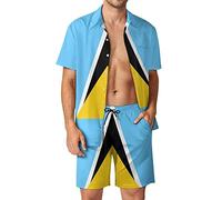 Saint Lucia Flag Hawaiian Sets for Men Button Down Short Sleeve Tracksuit Beach Outfits M