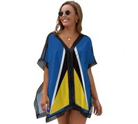 Saint Lucia Flag Women's Beach Cover Up - Lightweight Chiffon Swimsuit Wrap with Deep V-Neck, Side Slits Batwing Sleeves - Summer Holiday Bikini Dress Multicolor