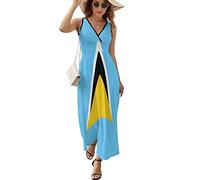 Saint Lucia Flag Women's V Neck Maxi Dress Sleeveless Long Dress High Waist Ankle Length Sundress XL