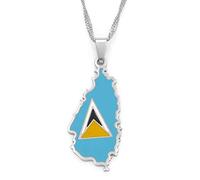 Saint Lucia Map Flag Charm Pendant Necklaces,St. Lucia Map Necklaces Amulets For Women And Men,Hip Hop Style Party, Silver,60Cm Chain