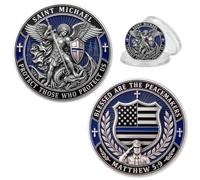 Saint Michael Police Challenge Coin, Matthew 5:9 Thin Blue Line Gift | Zinc alloy, double-sided Saint Michael design, 1.574 in diameter, with Thin Blue Line artwork and clear acrylic case.