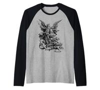 Saint Michael the Archangel Defeating Satan Christian Raglan Baseball Tee