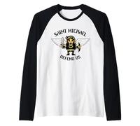Saint Michael the Archangel Defend Us Pixel Catholic St Raglan Baseball Tee