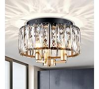 Saint Mossi K9 Crystal Flush Mount Ceiling Light Fixture, Modern Style, Close to Ceiling, E14 Gold Base 3-Lights, D30cm x H18cm, Black Finish