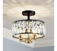 Saint Mossi K9 Crystal Semi Flush Mount Ceiling Light Fixture, Modern Style, Close to Ceiling, E14 Gold Base 3-Lights, D30cm x H18cm, Black Finish