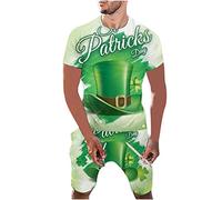 Saint Patricks Day T-Shirt Set for Men UK Clearance, 2 PCS Shamrock Hat Printed Outfit Lucky Green Blouse Short Sleeve Shirt Round-Neck Sweatshirt Elastic Waist Shorts Suit Clover Irish Blouses
