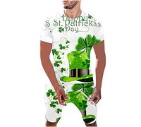 Saint Patricks Day T-Shirt Set for Men UK Clearance, 2 PCS Shamrock Hat Printed Outfit Lucky Green Blouse Short Sleeve Shirt Round-Neck Sweatshirt Elastic Waist Shorts Suit Clover Irish Blouses